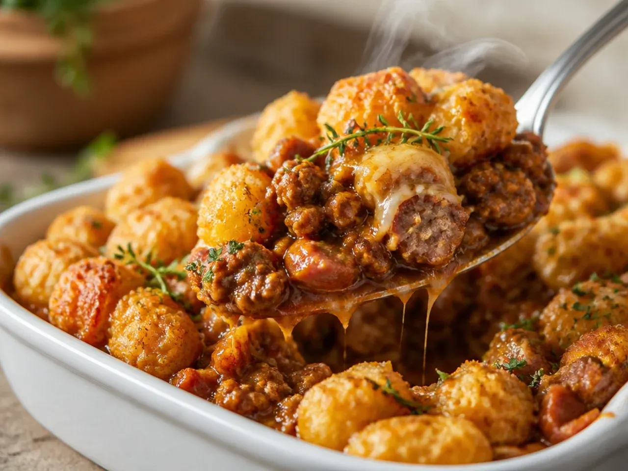 Hearty double-meat sloppy joe tater tot casserole with visible crumbled sausage in the meat sauce