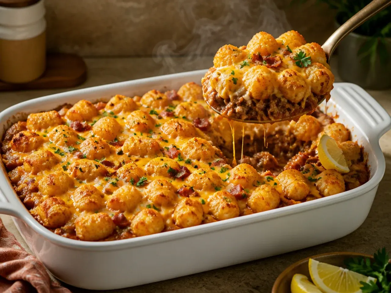 Cozy bacon and cheddar sloppy joe tater tot casserole topped with crispy bacon bits and melted cheese