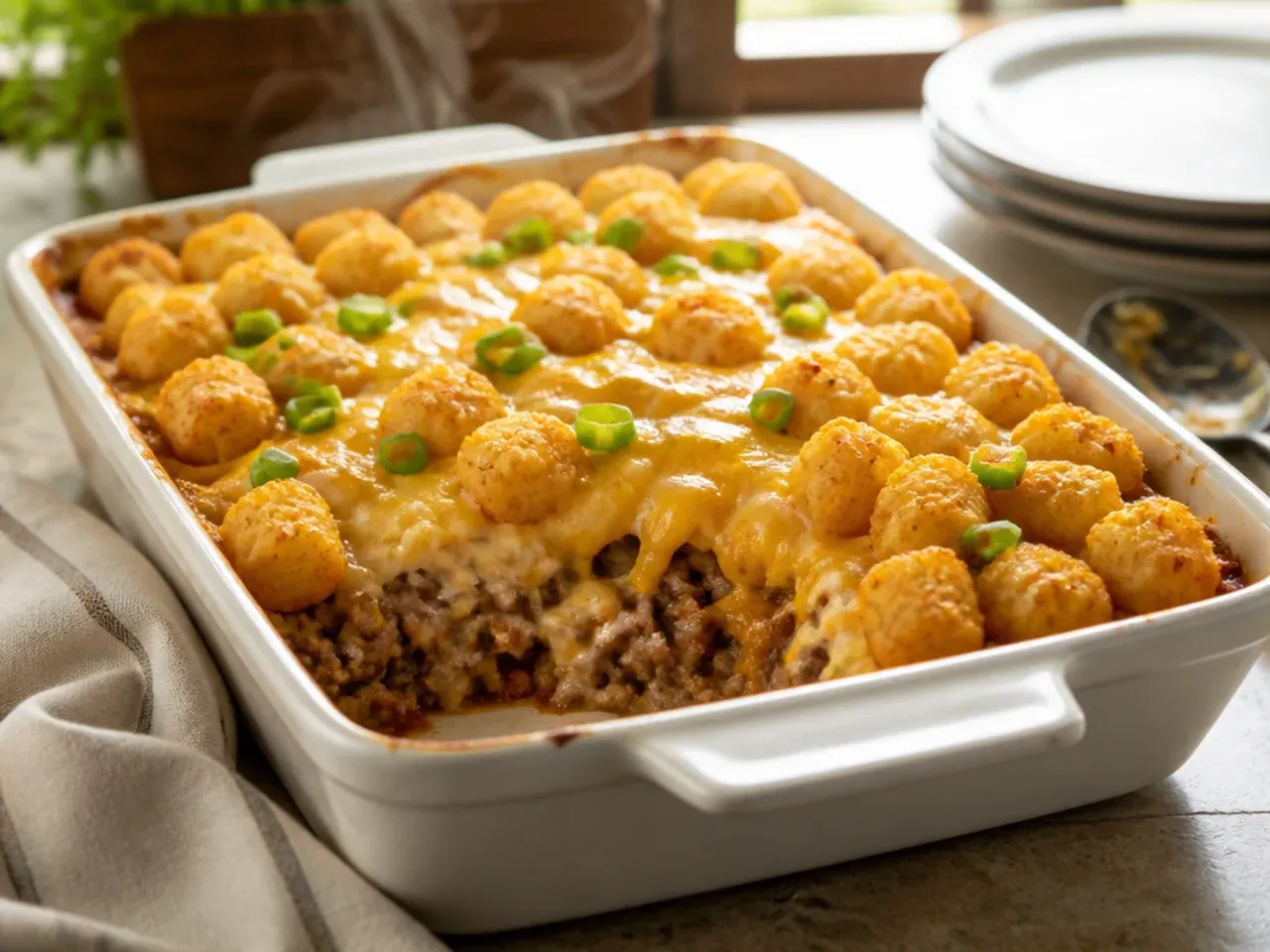 Creamy cream cheese sloppy joe tater tot casserole with a rich, glossy meat sauce beneath golden tots