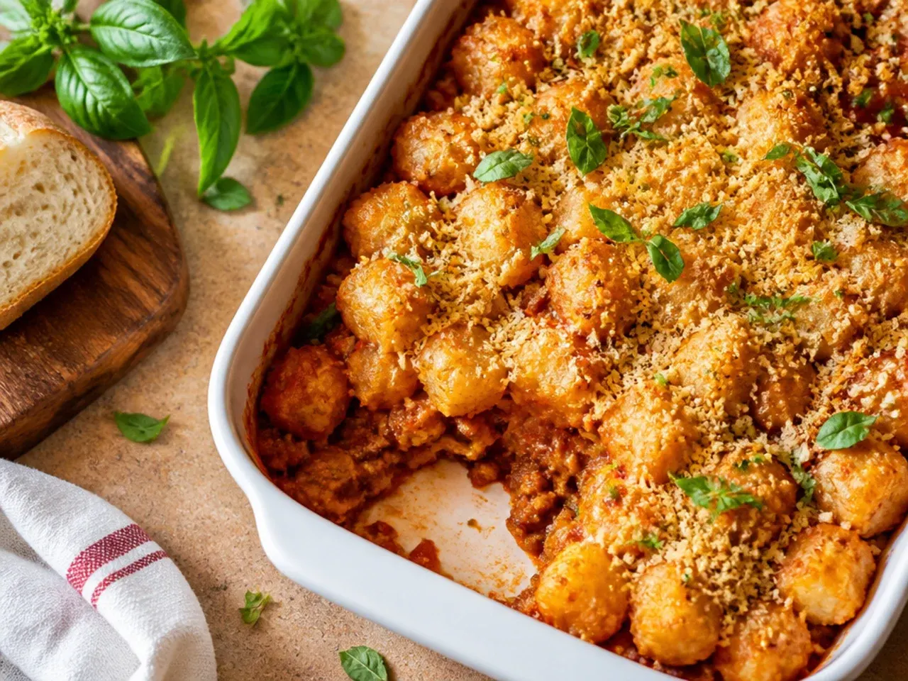 Foil tray of unbaked freezer-friendly sloppy joe tater tot casserole ready to be wrapped and frozen