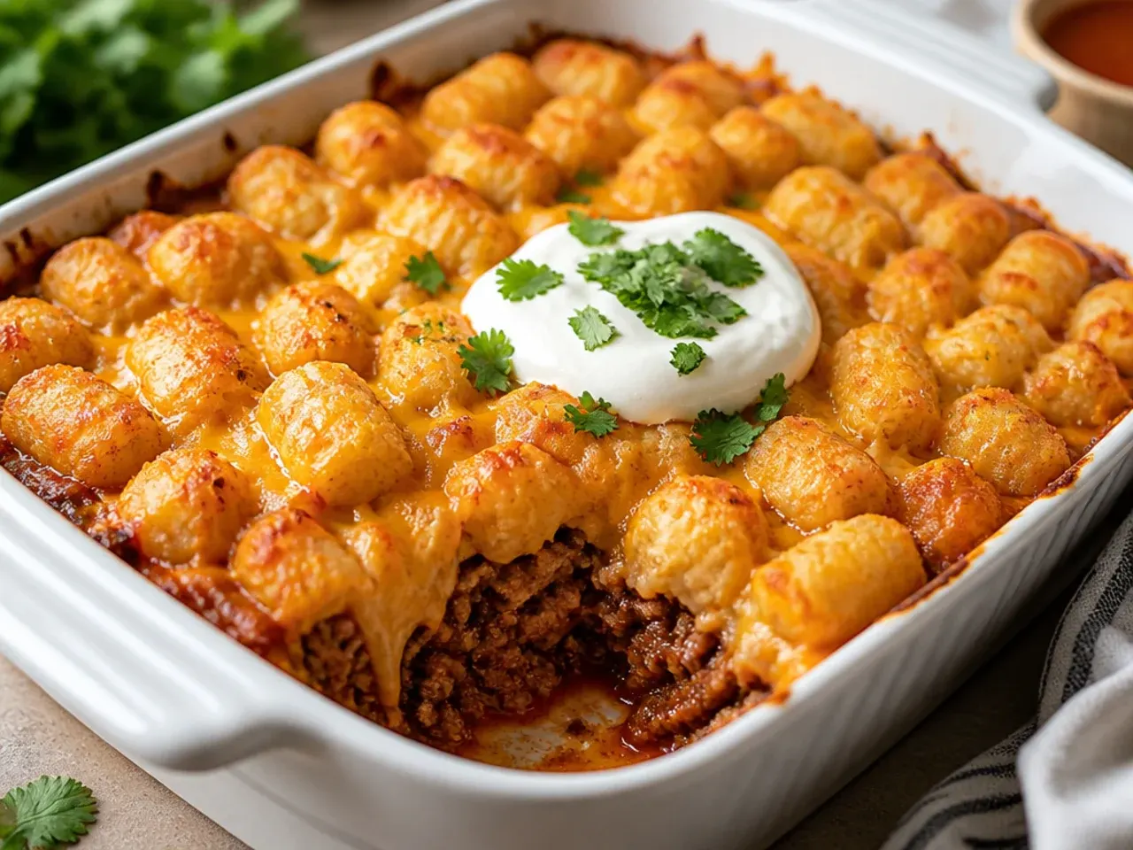 Cheesy three-cheese sloppy joe tater tot casserole with stretchy melted cheese pulling between the tots