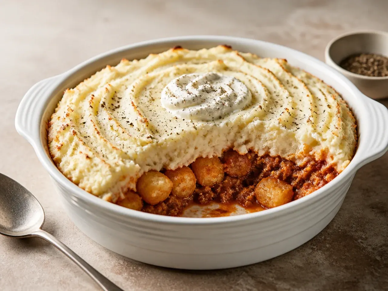 Comforting mashed potato-topped sloppy joe casserole with a layer of mash visible beneath scattered tater tots