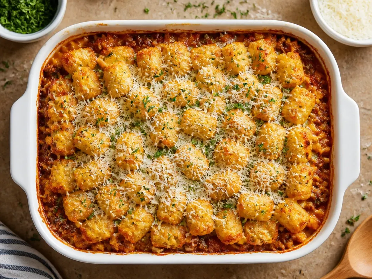 Budget-friendly sloppy joe tater tot casserole made with pantry staples in a simple glass baking dish