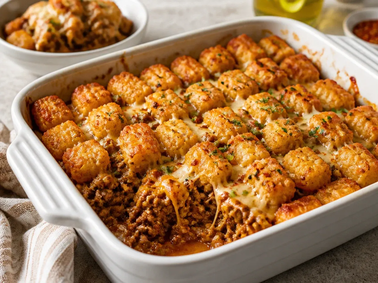 Cast iron skillet sloppy joe tater tot casserole fresh from a hot oven with a deeply golden tater tot top