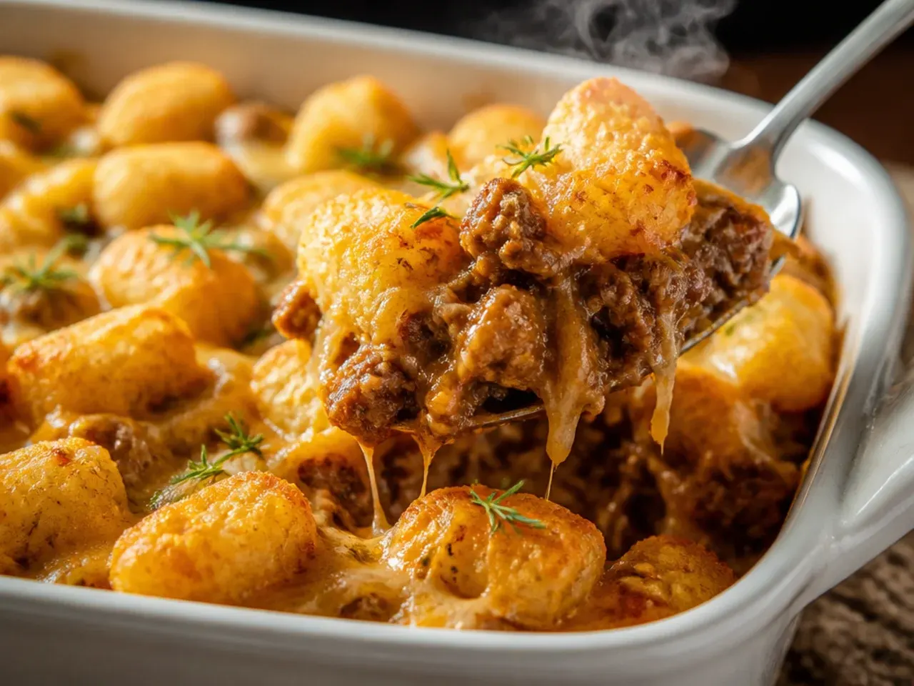 Rustic cast-iron skillet sloppy joe tater tot casserole served straight from the pan at the table