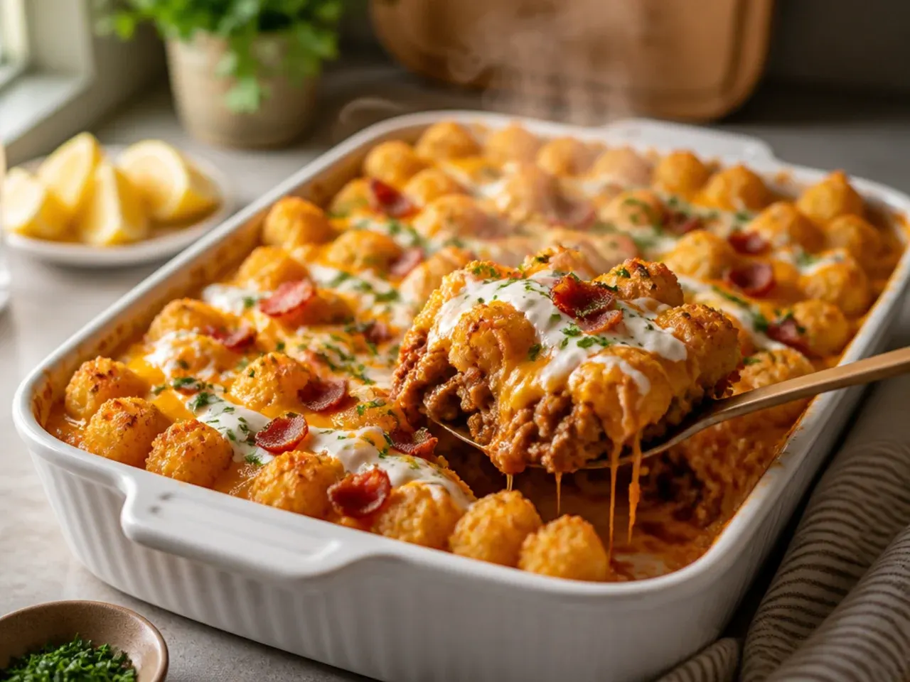 Loaded bacon-ranch sloppy joe tater tot casserole drizzled with ranch dressing and topped with spring onion