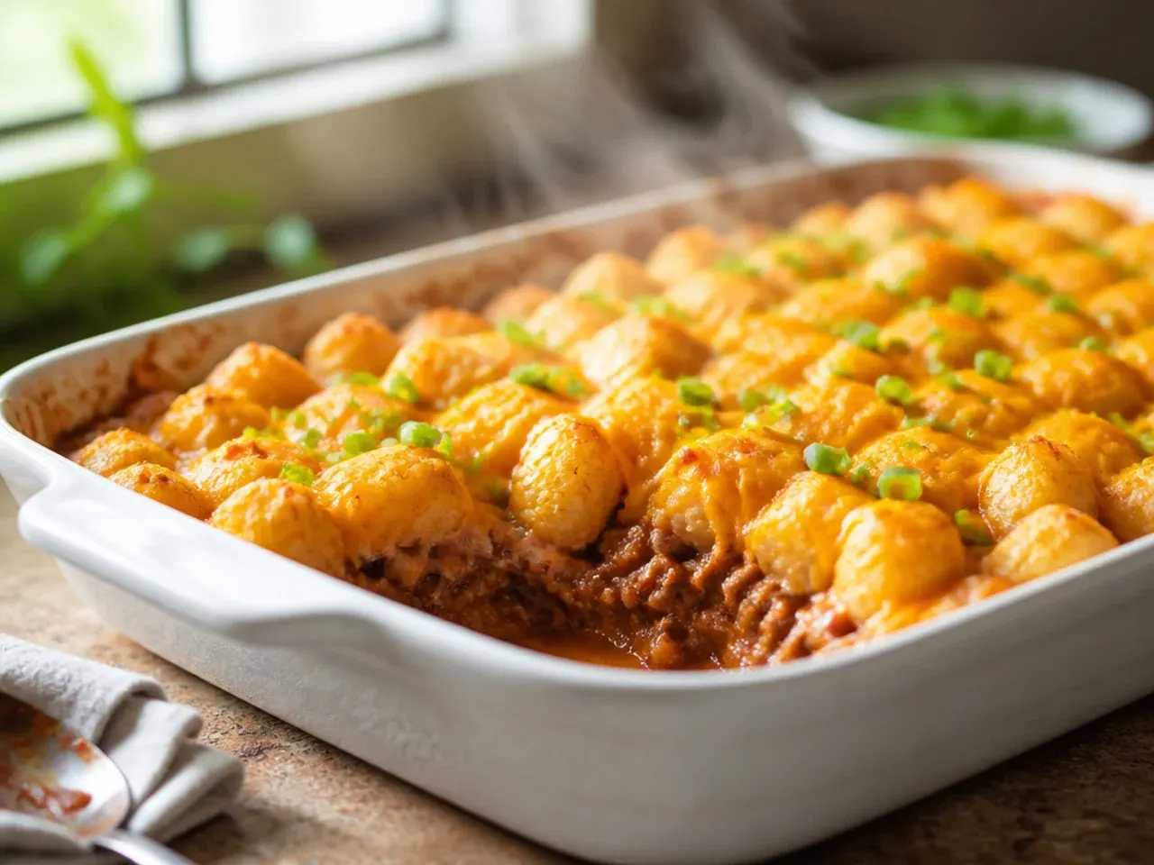 Family-size sheet pan sloppy joe tater tot casserole cut into squares for a crowd