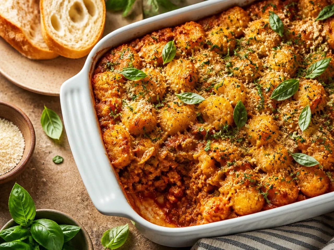 Best-ever homemade sloppy joe tater tot casserole with a rich, deeply reduced meat sauce