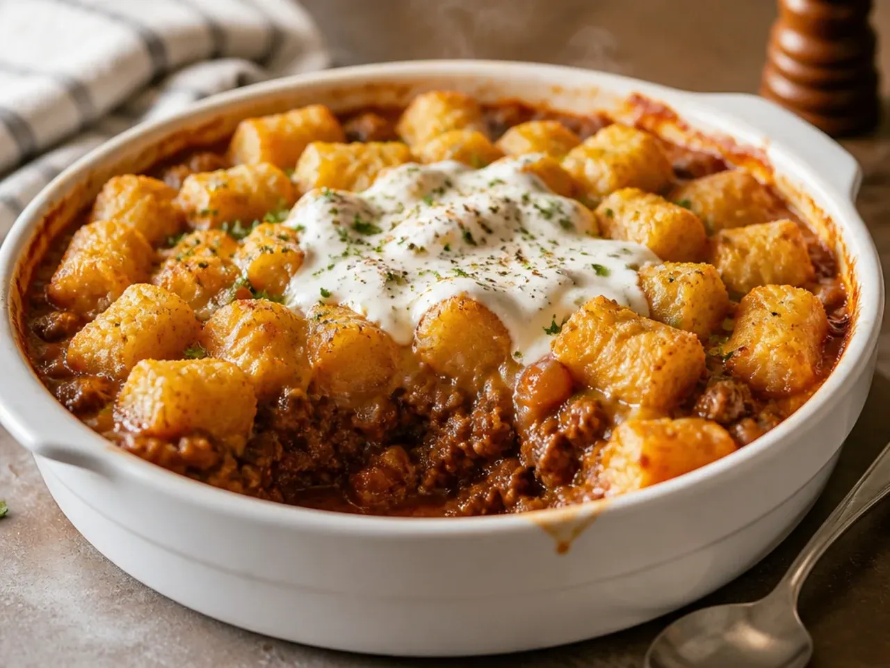 BBQ-spiked sloppy joe tater tot casserole with a glossy, smoky-toned meat sauce under golden tots