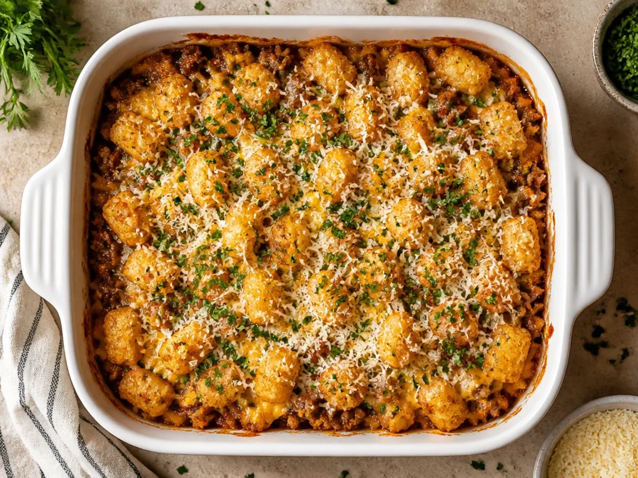 Lighter ground turkey sloppy joe tater tot casserole with a golden tater tot topping