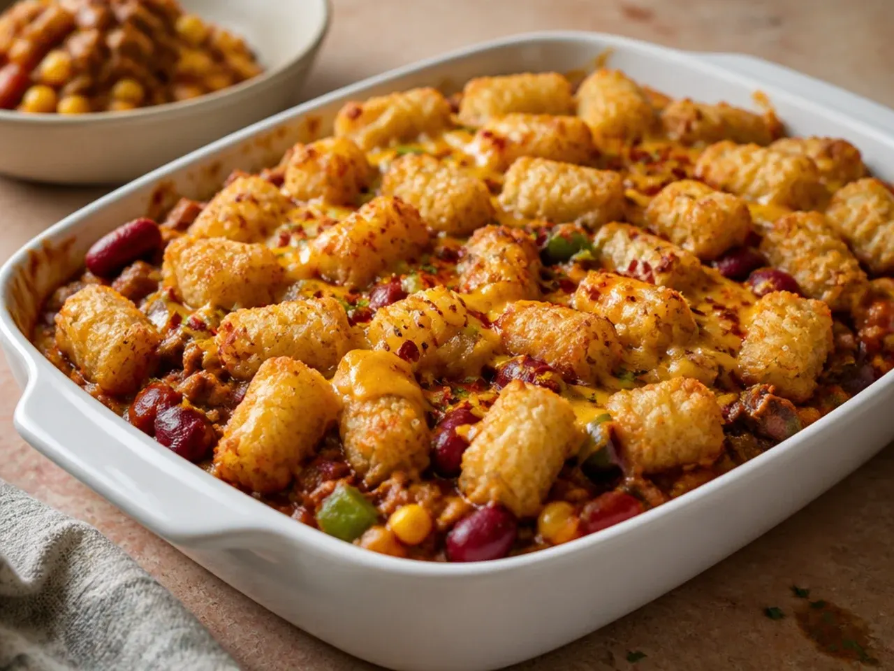 Veggie-packed sloppy joe tater tot casserole with visible sweetcorn and black beans in the meat sauce