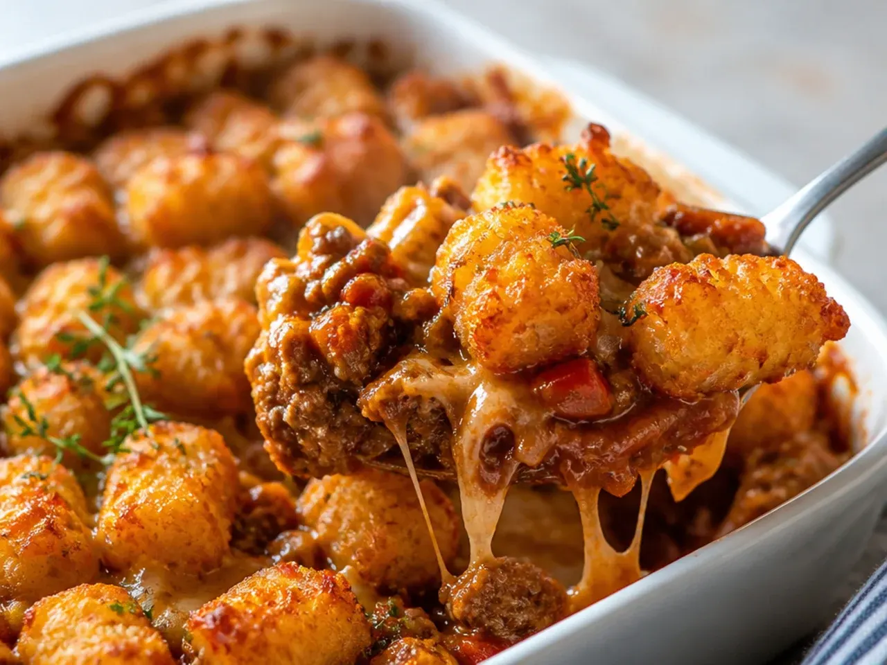 Smoky chipotle sloppy joe tater tot casserole topped with a dollop of soured cream