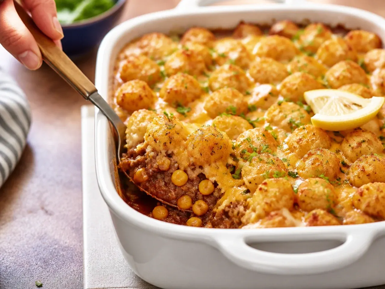 Creamy corn and cheddar sloppy joe tater tot casserole with visible sweetcorn kernels in the sauce