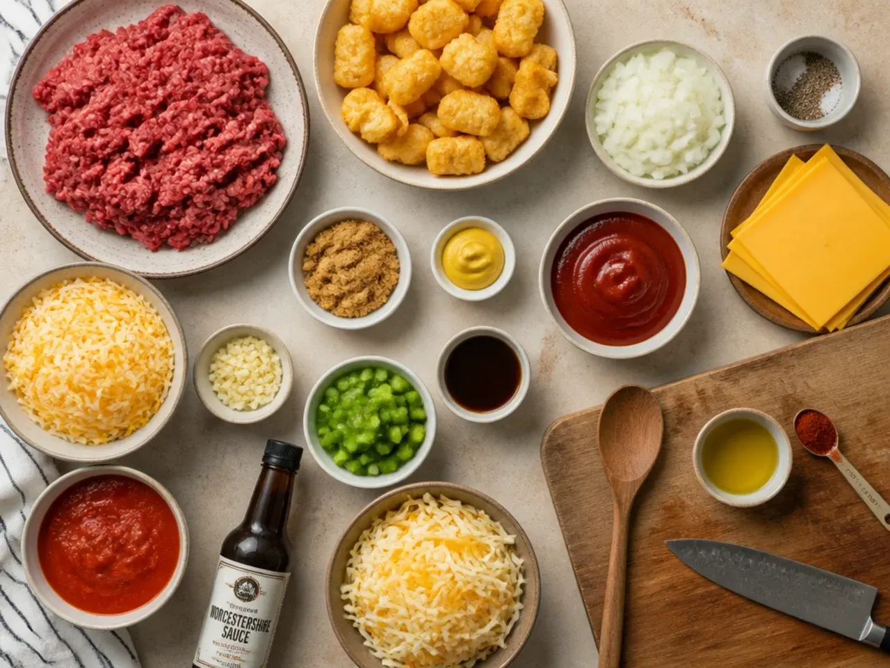 Close-up of golden crispy tater tots on top of a sloppy joe casserole, showing the ideal deep golden colour