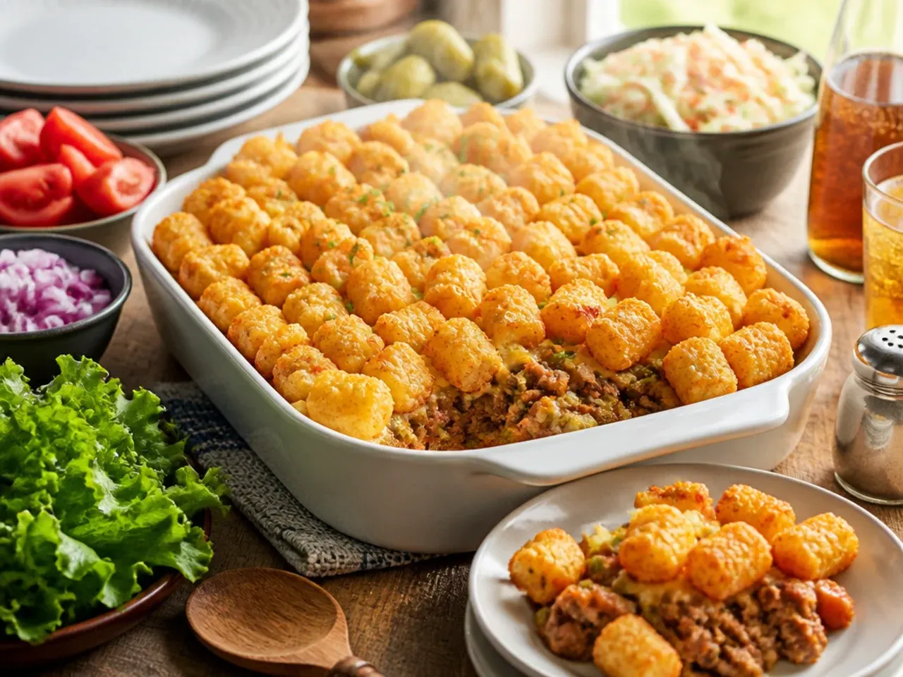 Plated serving of sloppy joe tater tot casserole with a side salad and a scattering of chopped spring onion