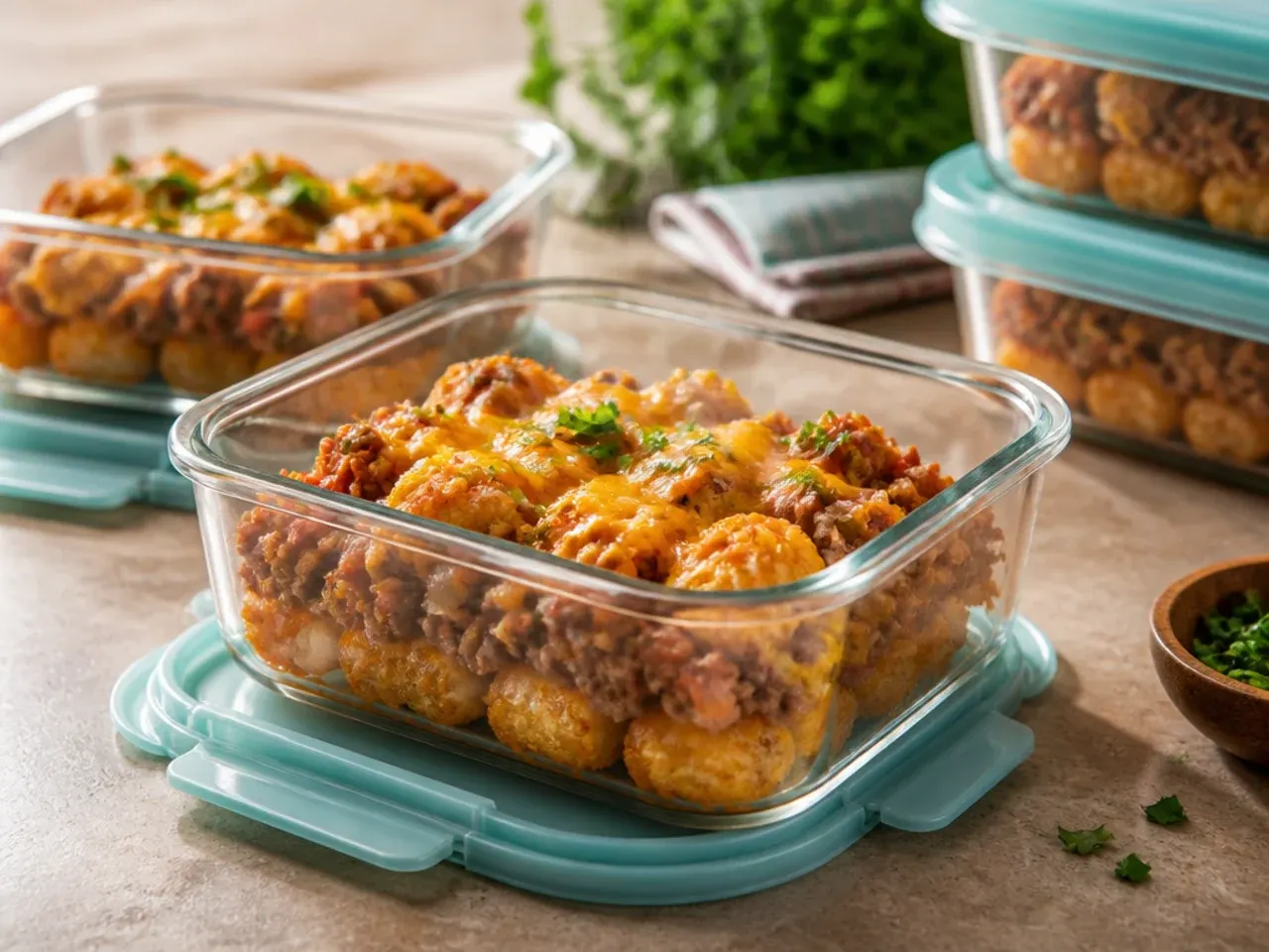 Portion of leftover sloppy joe tater tot casserole in a glass storage container ready for the fridge