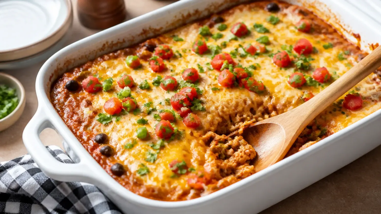 Overhead view of a bubbling slow cooker chicken enchilada casserole topped with melted cheese, soured cream and fresh coriander