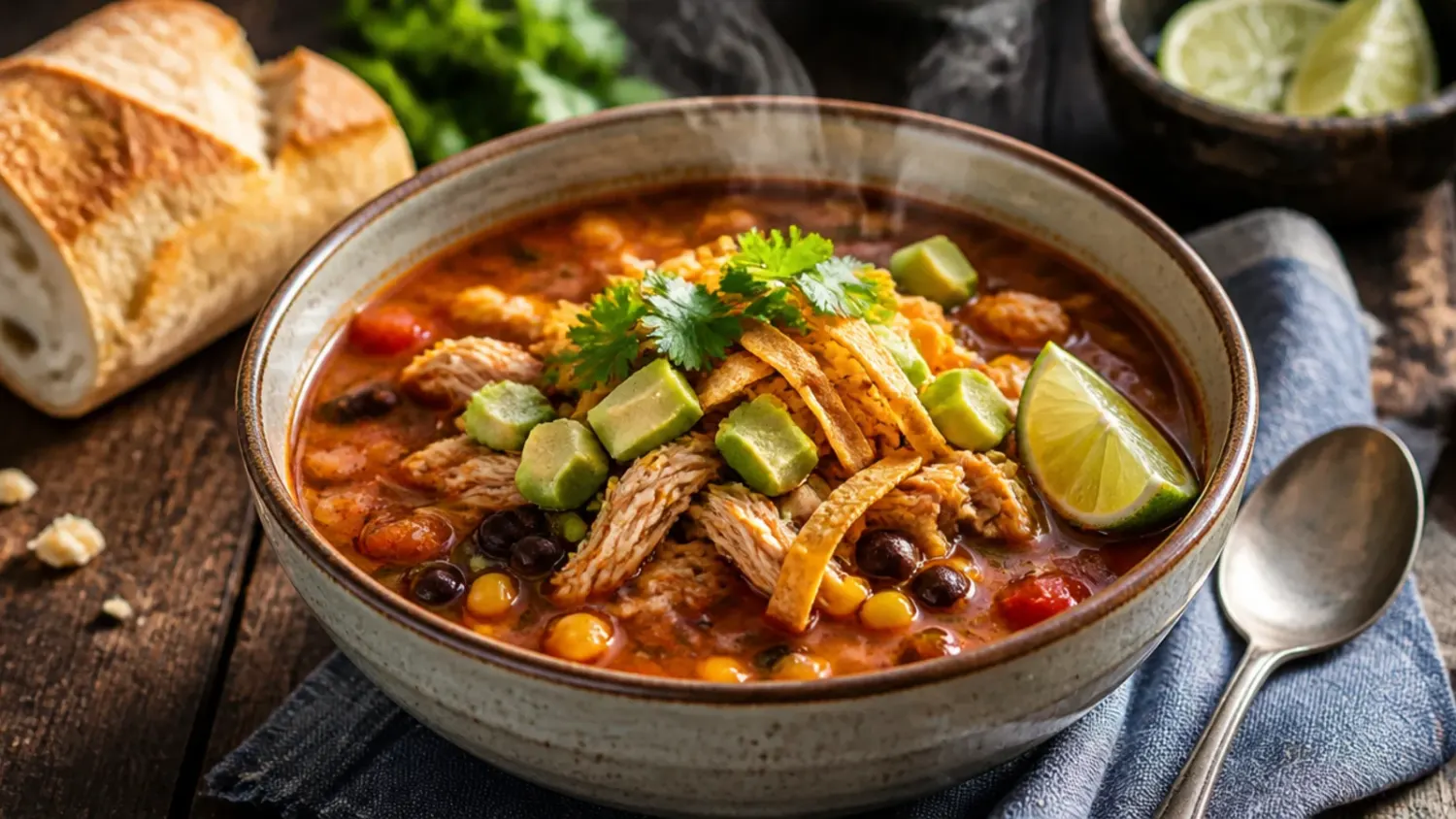 Overhead shot of creamy slow cooker chicken tortilla soup in a bowl, topped with crispy tortilla strips, avocado, cheese and lime wedges
