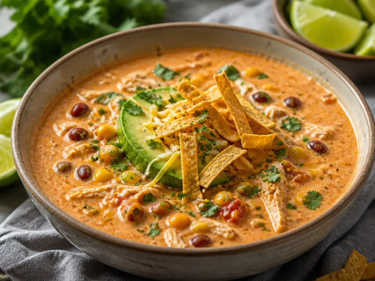 Slow cooker filled with chicken tortilla soup broth, tomatoes, beans and corn before cooking