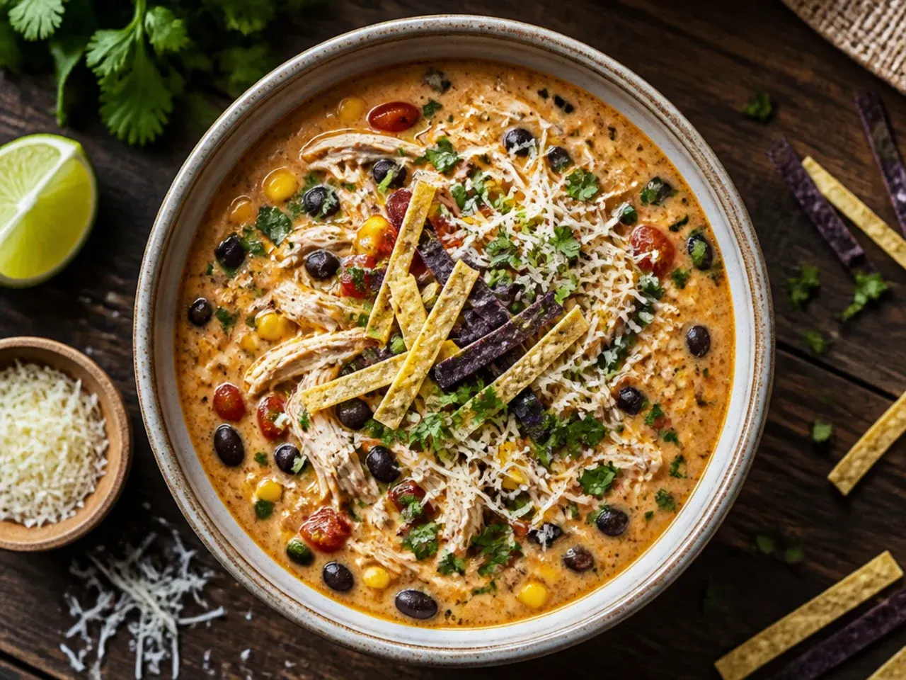 Bowl of classic slow cooker chicken tortilla soup with black beans and shredded chicken