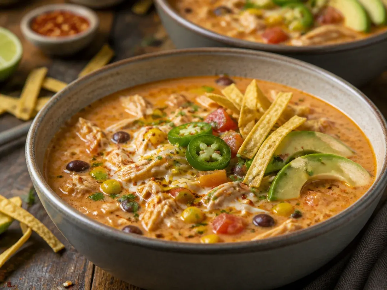 Shredded rotisserie chicken being stirred into tortilla soup broth in a slow cooker