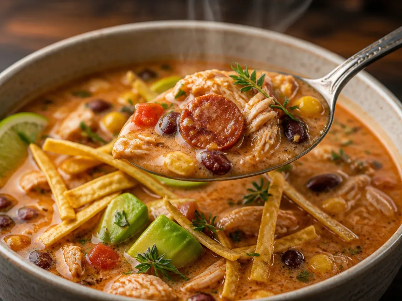 Hearty chicken tortilla soup with browned chorizo and deep red broth