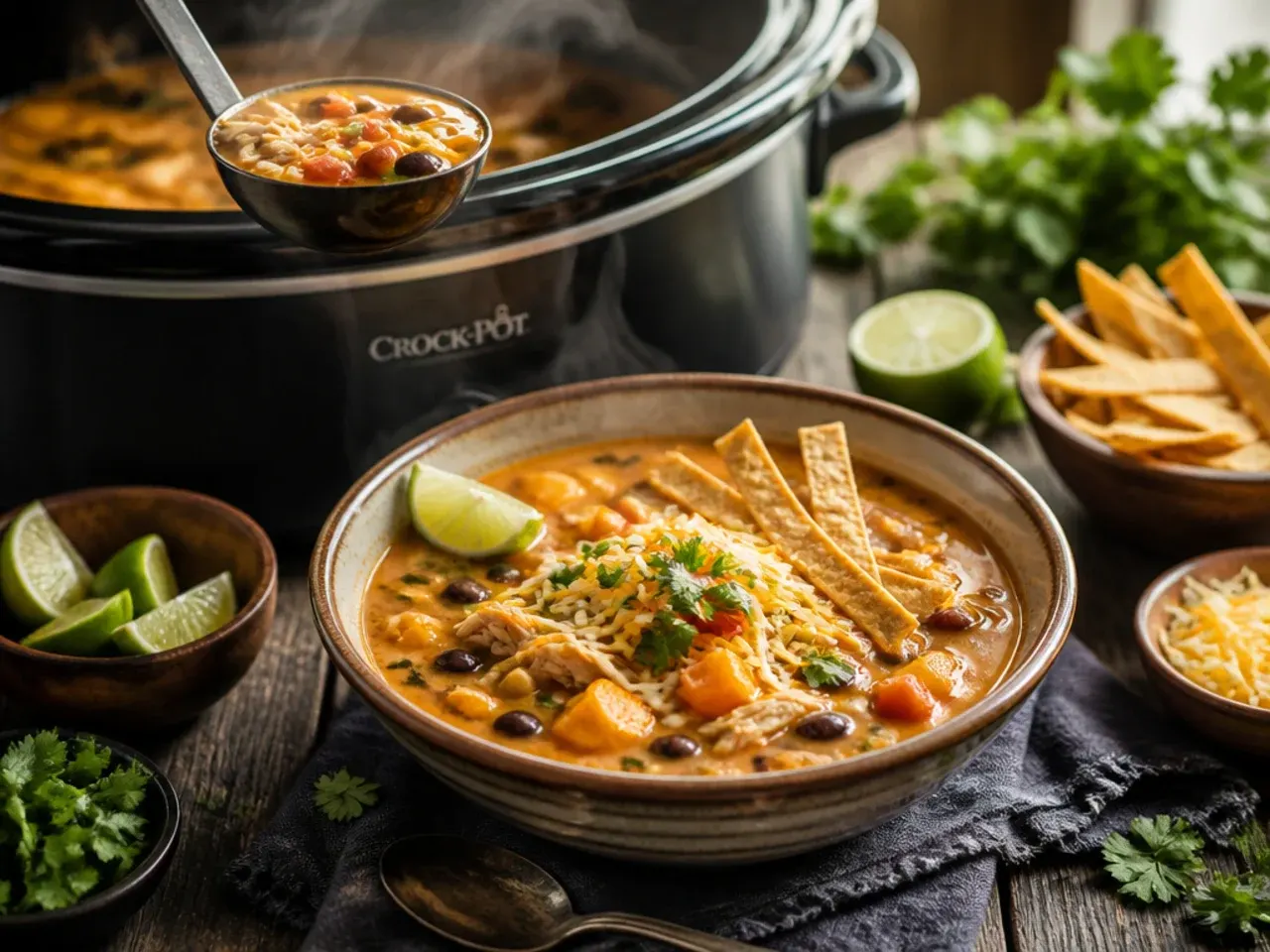Cozy chicken tortilla soup with cubes of sweet potato in a rustic bowl