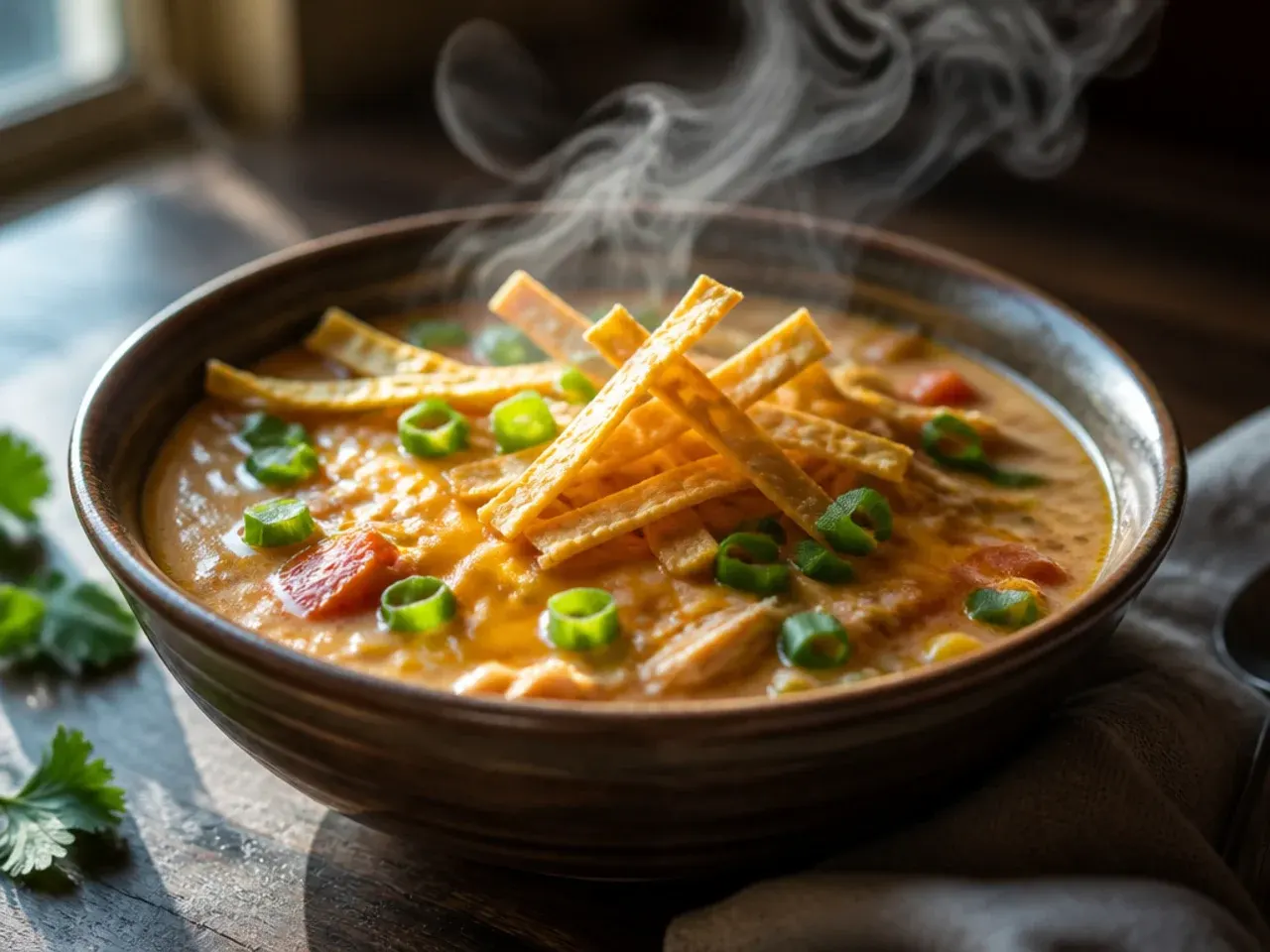 Creamy chicken tortilla soup with cream cheese swirled through the broth