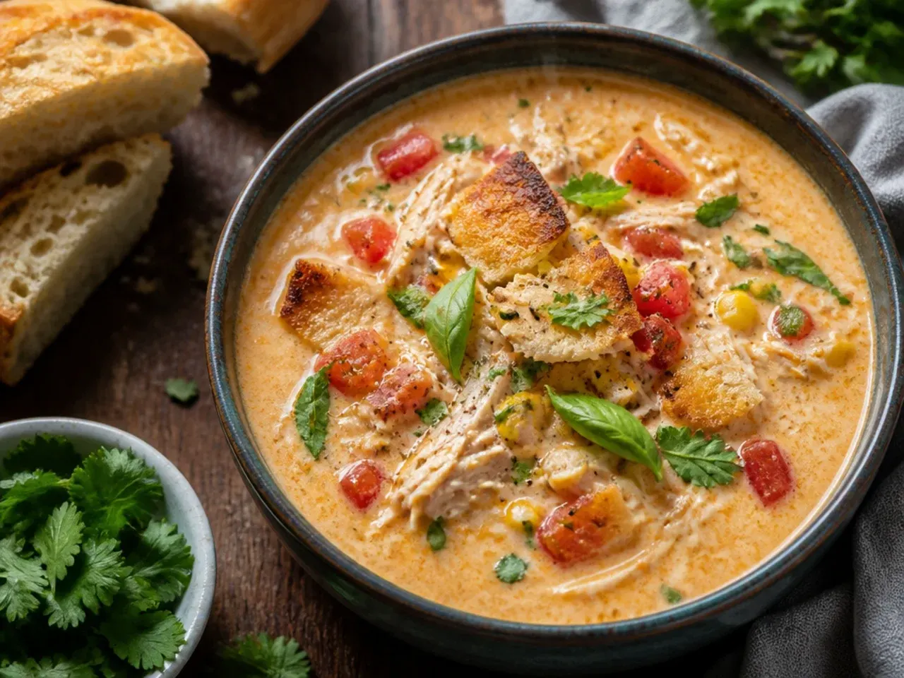 Five simple ingredients laid out next to a slow cooker for easy chicken tortilla soup