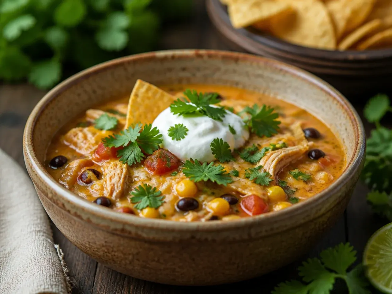 Melted Monterey Jack cheese swirled into a bowl of chicken tortilla soup