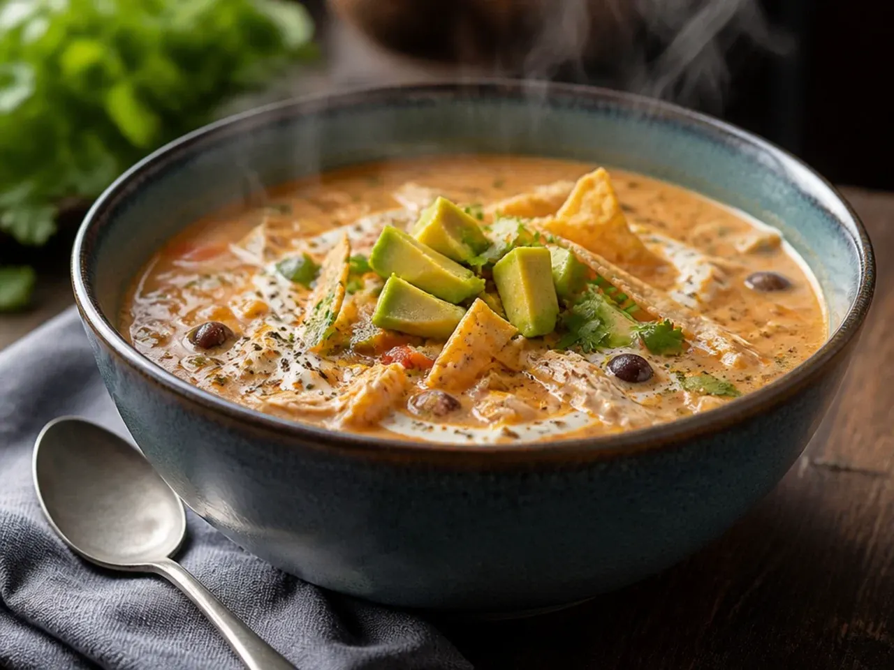 Chicken and wild rice tortilla soup in a deep bowl with visible rice grains