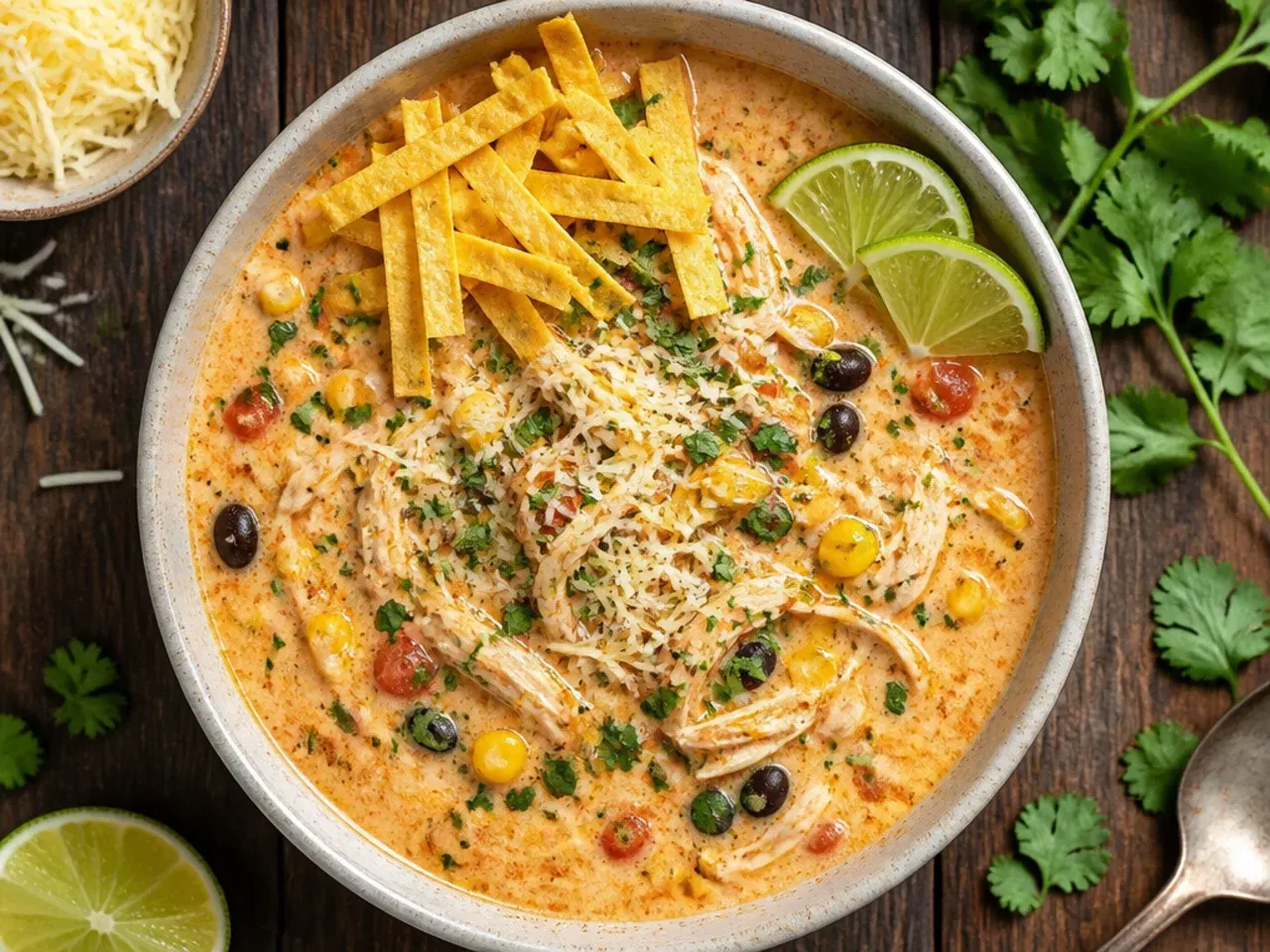 Budget-friendly chicken tortilla soup made from tinned pantry staples