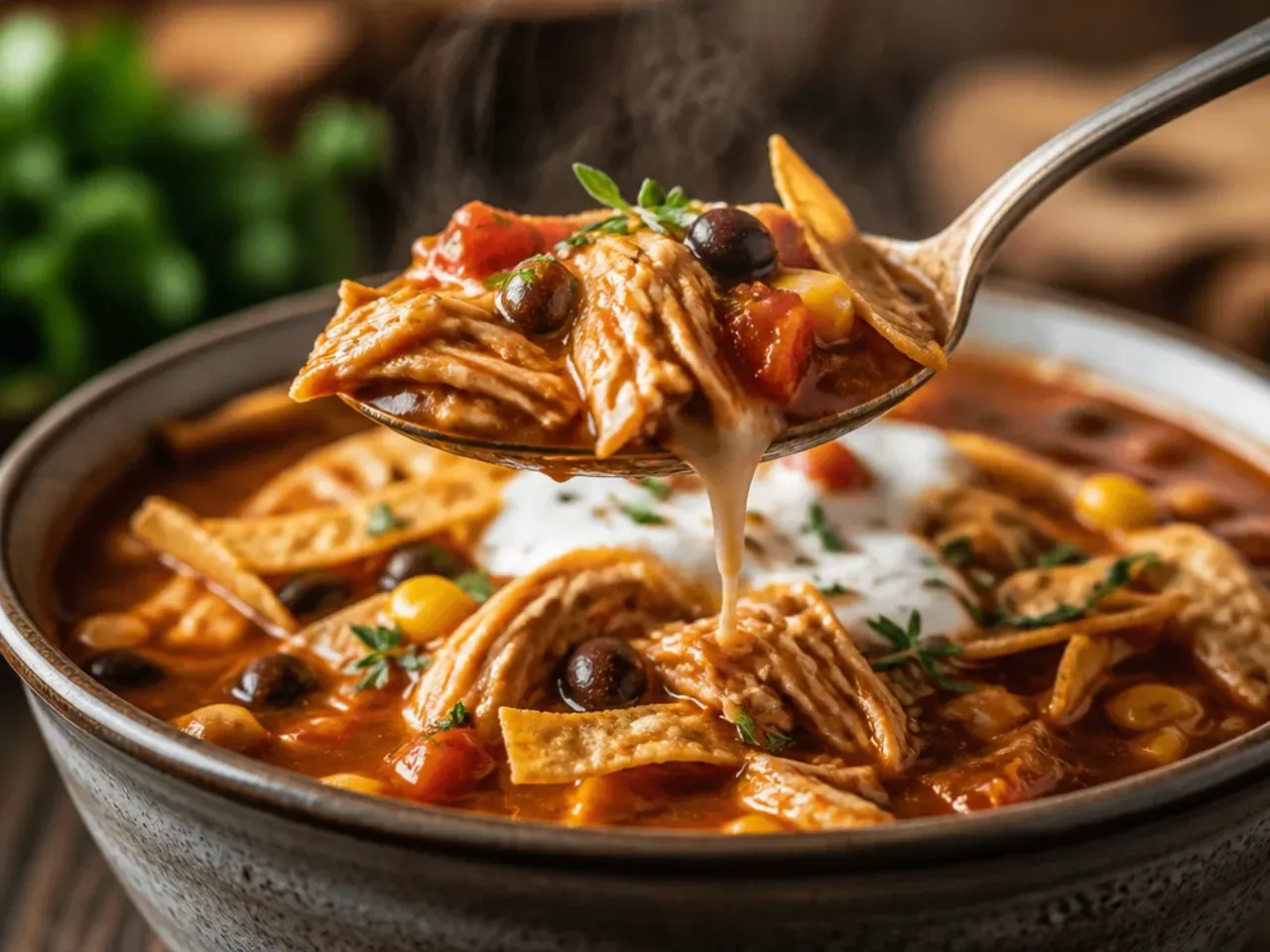 Rustic chicken tortilla soup with fire-roasted tomatoes and charred jalapeno
