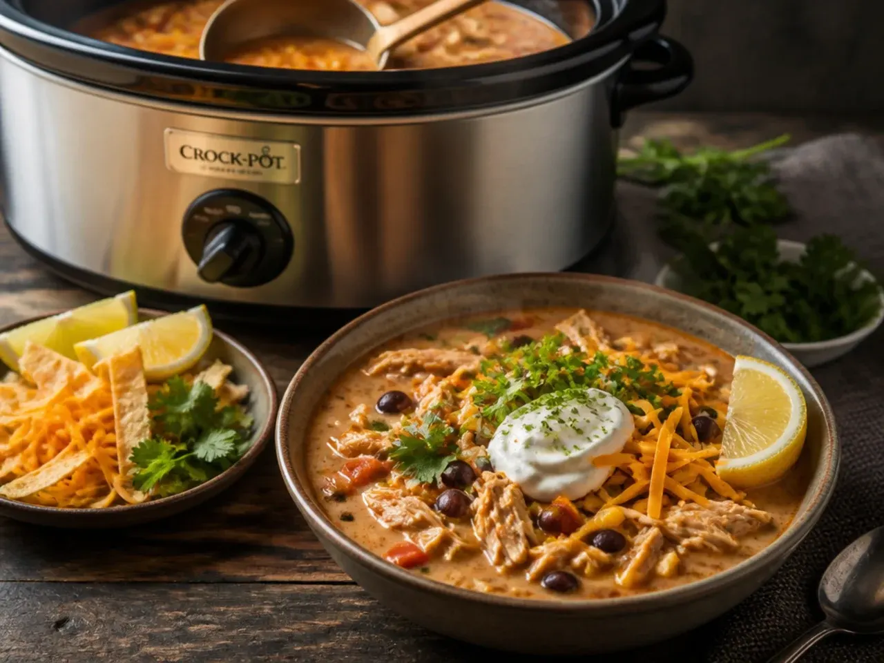 Loaded nacho-style chicken tortilla soup with tortilla chips and toppings bar
