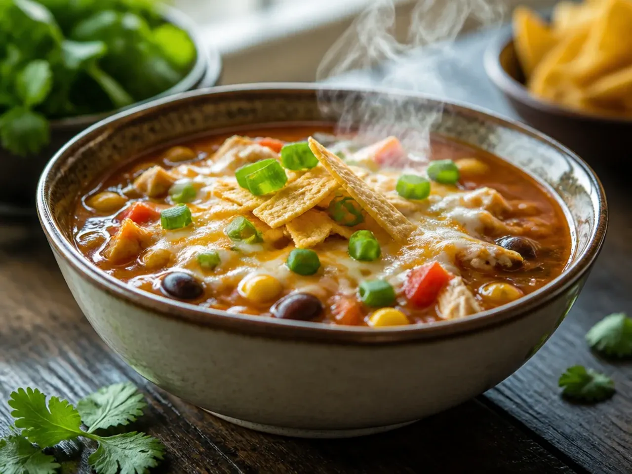 Large batch of chicken tortilla soup in an oversized slow cooker for a family