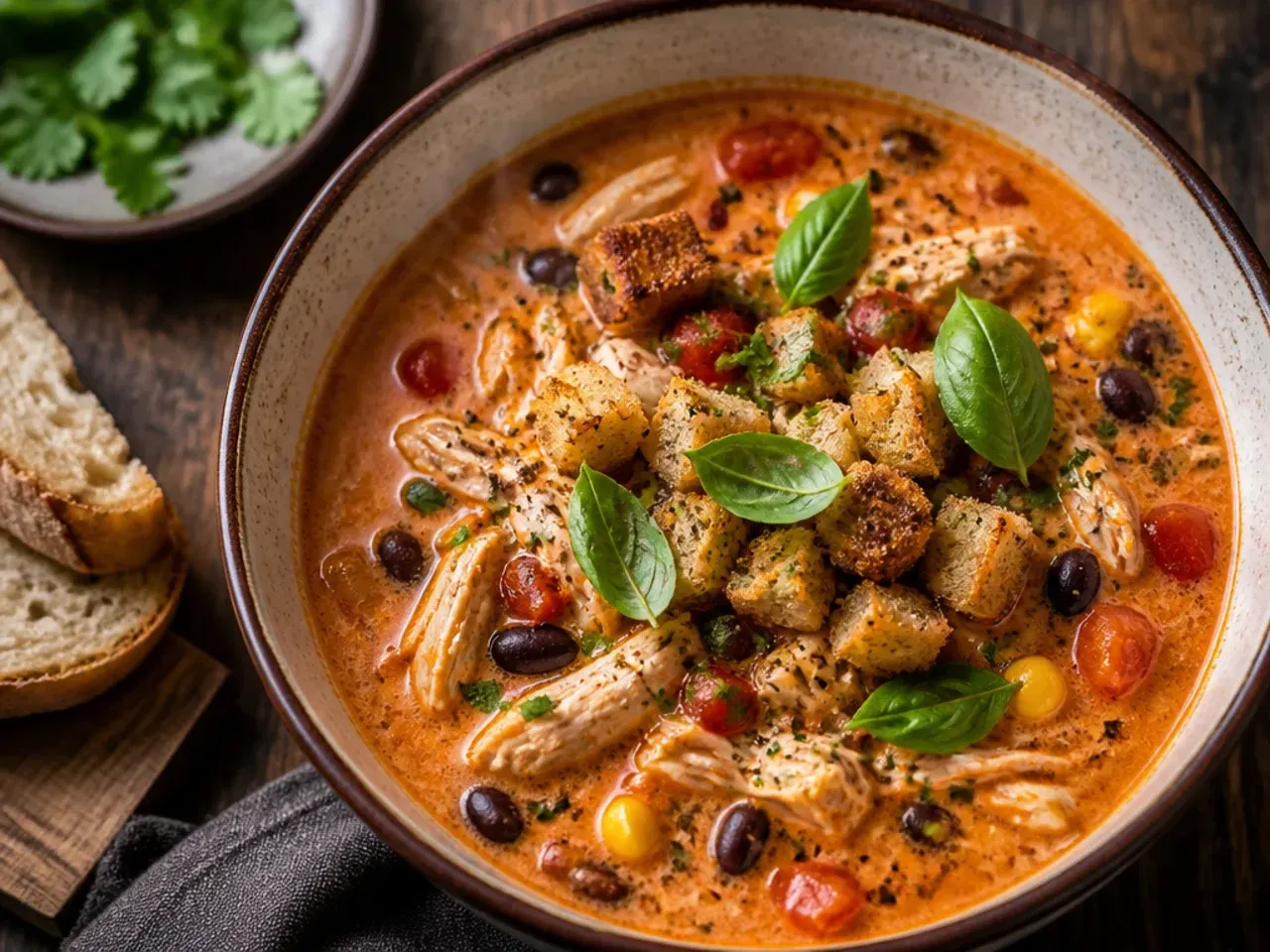 Smoky chipotle chicken tortilla soup with a deep red-brown broth