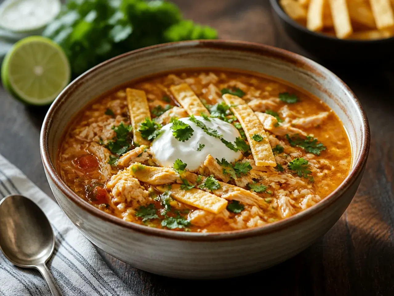 Low-carb chicken tortilla soup with cauliflower rice instead of beans and corn