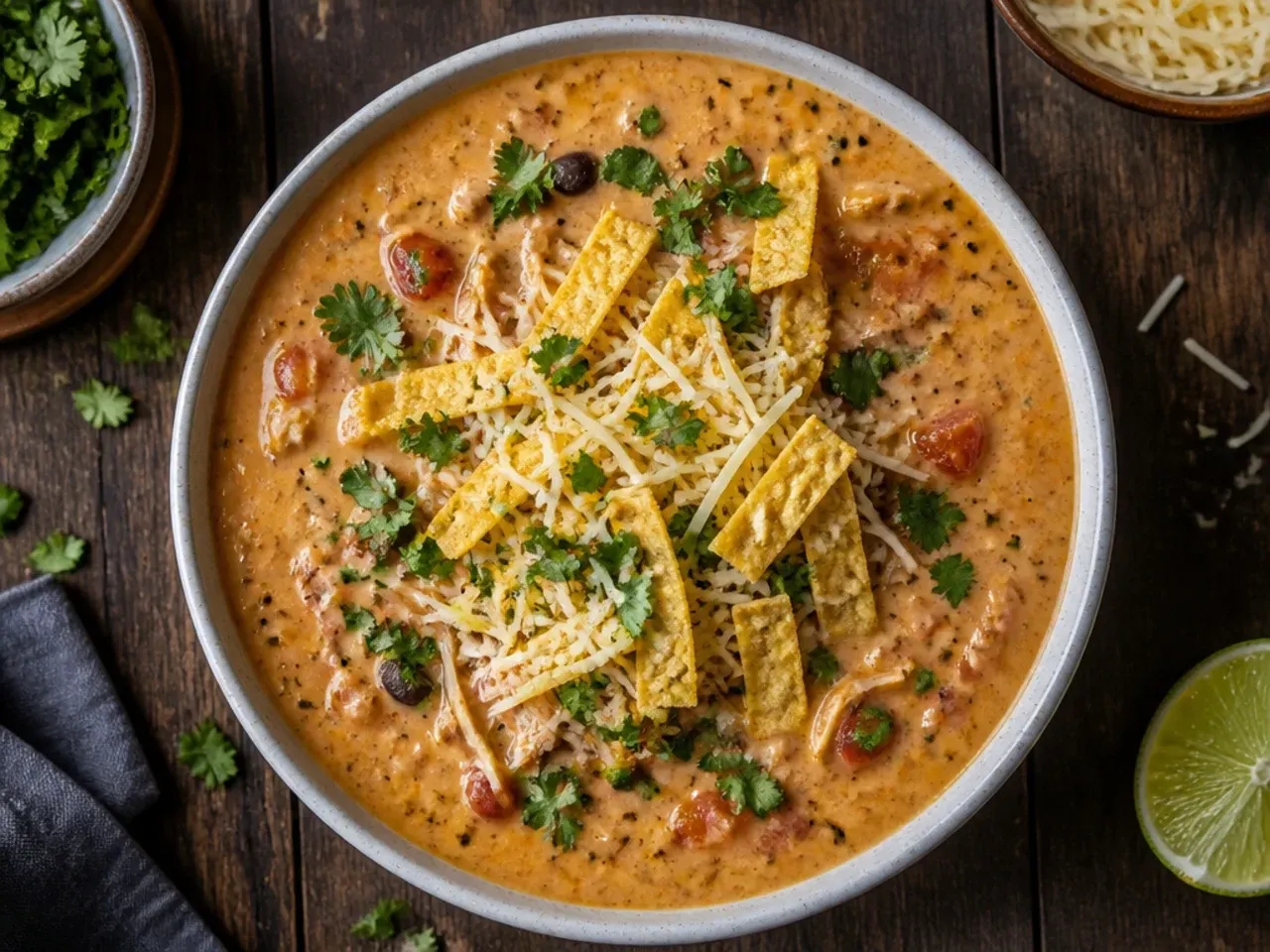 Three tins of tomatoes, beans and corn next to a slow cooker of chicken tortilla soup