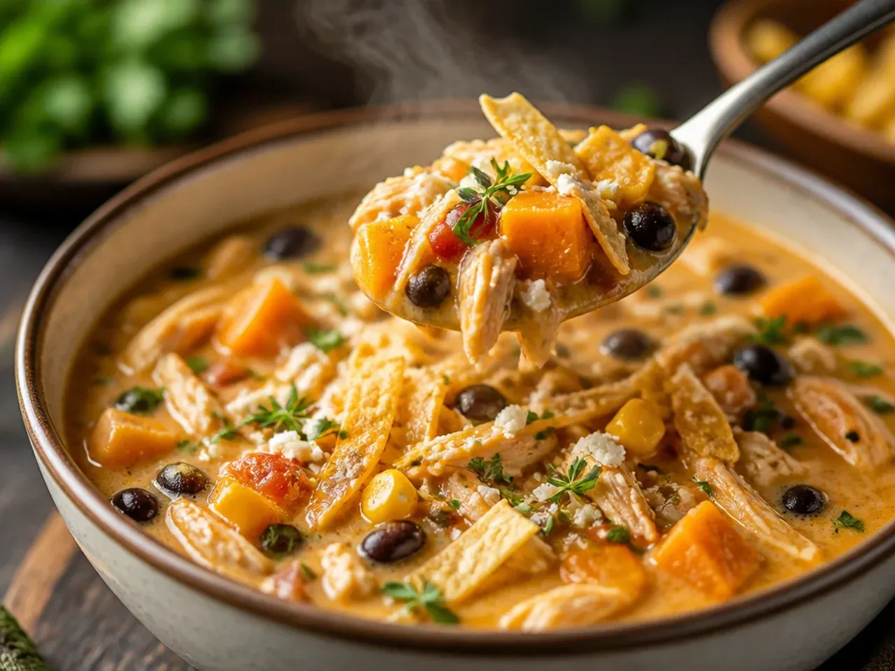 Butternut squash chunks in a bowl of cozy chicken tortilla soup