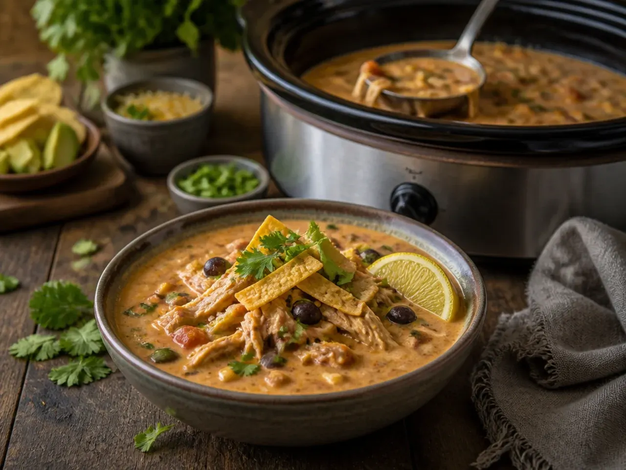 Greek yogurt being stirred into a lighter creamy chicken tortilla soup