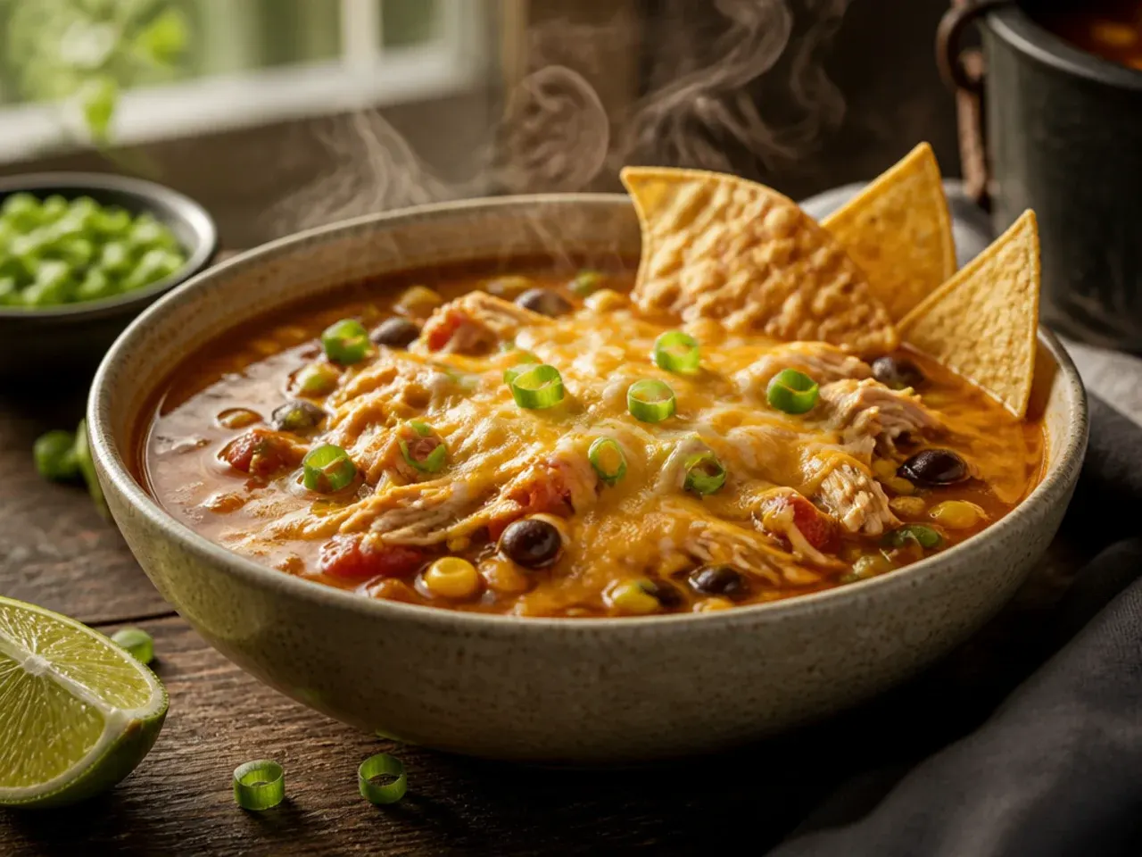 Slow cooker chicken tortilla soup cooking overnight on the low setting