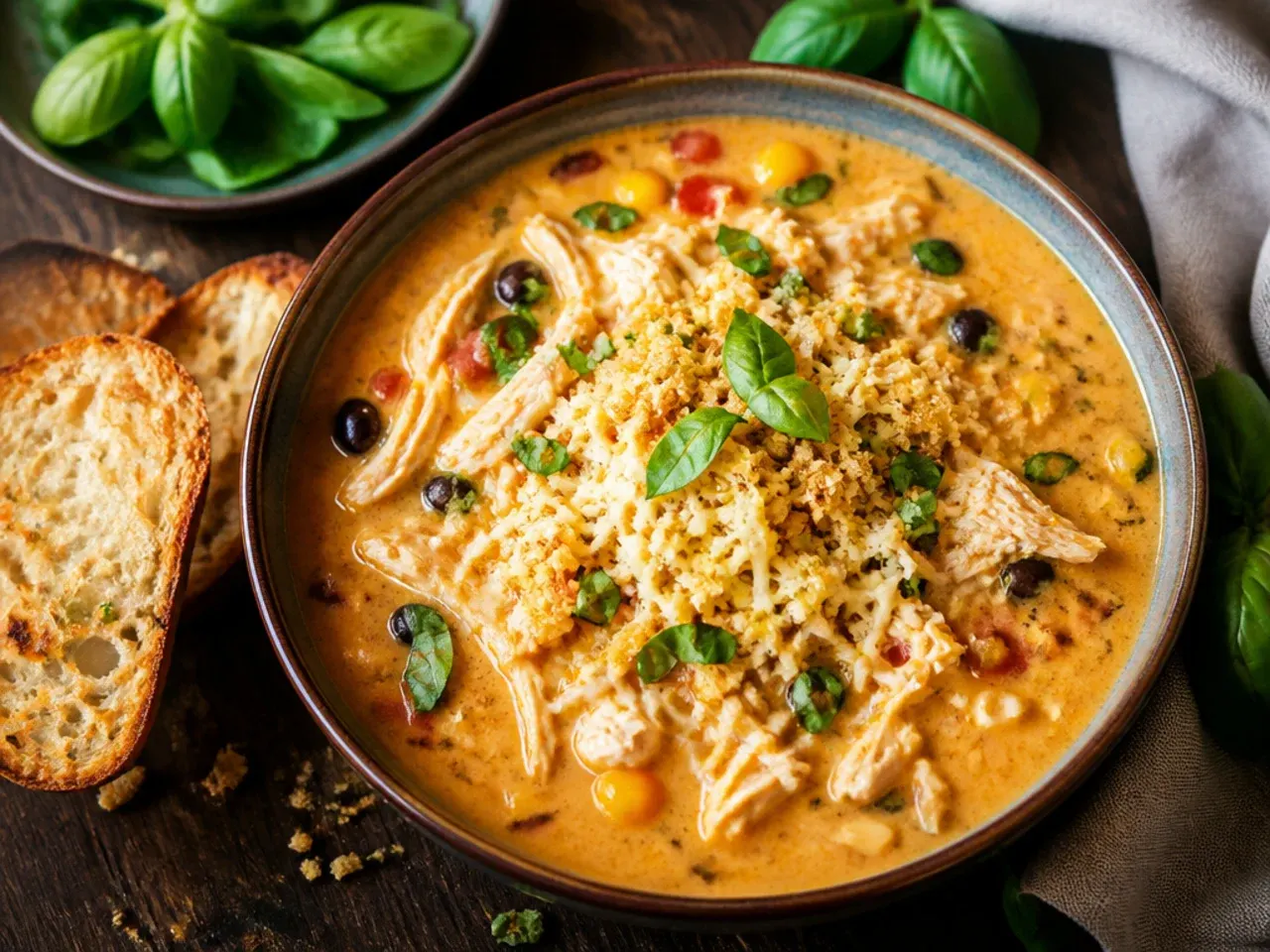 Oven-safe bowl of chicken tortilla soup with bubbling melted pepper Jack cheese on top