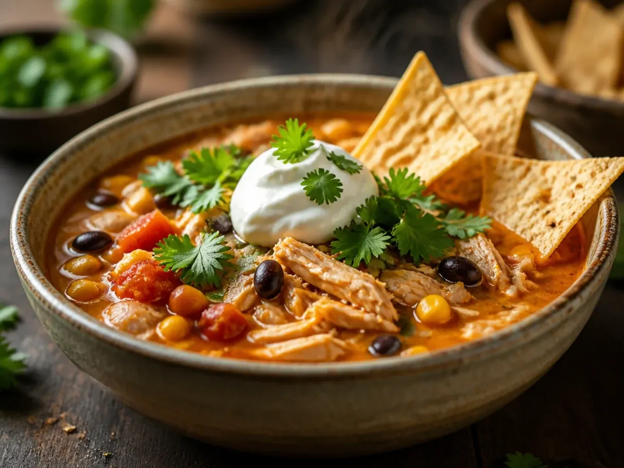 Bowl of comforting chicken and rice tortilla soup with visible grains of rice