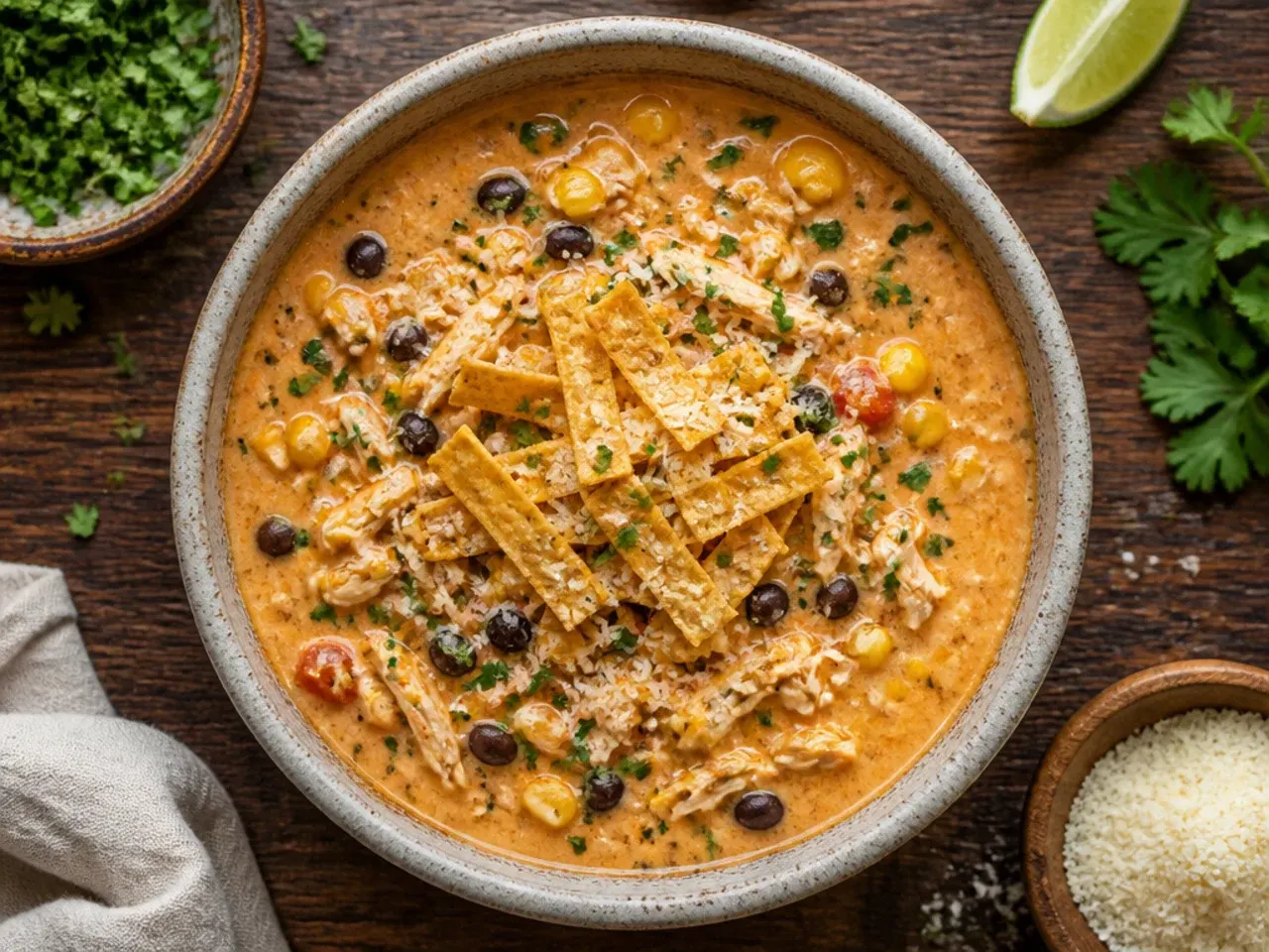 Blended tomato and chipotle base being poured into a slow cooker for chicken tortilla soup