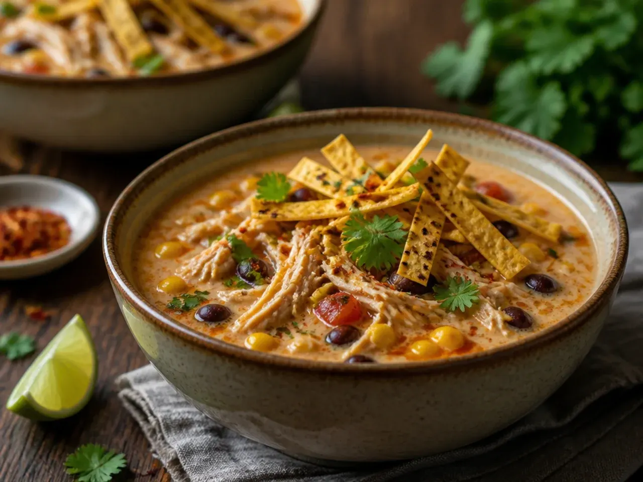 Charred corn kernels scattered over rustic chicken tortilla soup