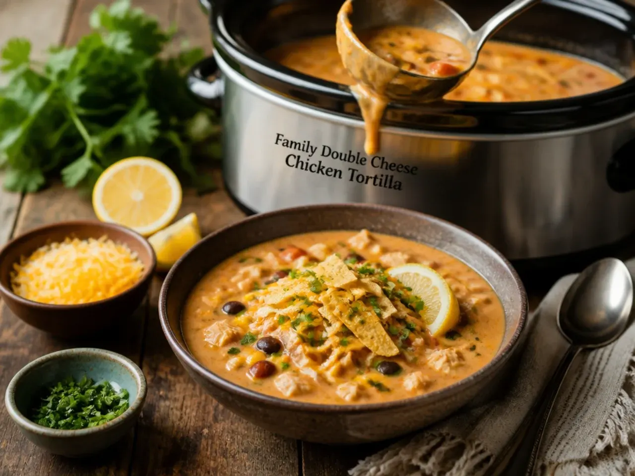 Kid-friendly double cheese chicken tortilla soup topped with melted cheddar