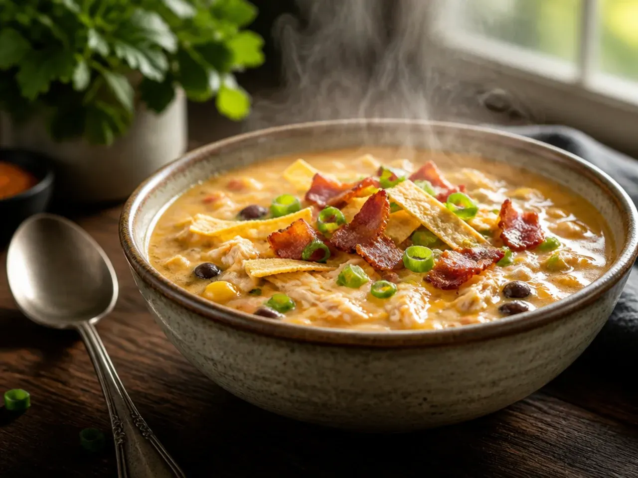 Crispy crumbled bacon on top of a bowl of chicken tortilla soup