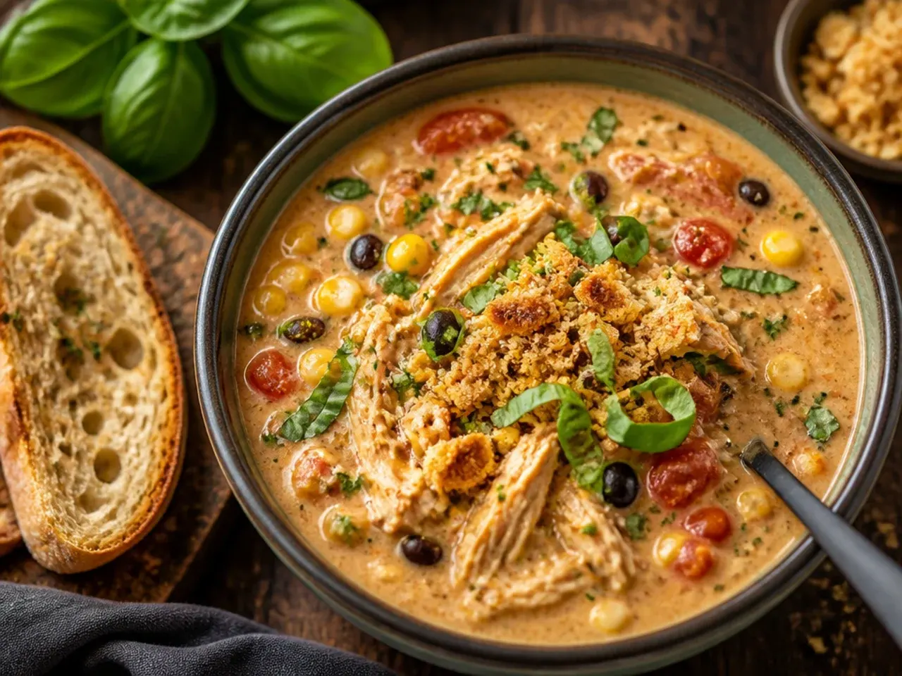 One-pot chicken tortilla soup with chorizo and quinoa in a rustic bowl