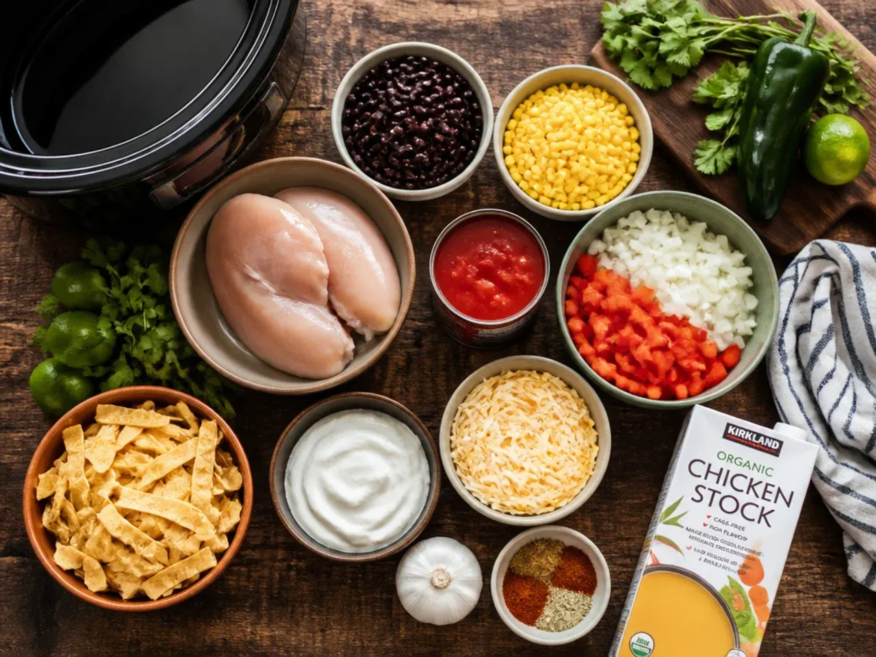 Close-up of hands stirring cream cheese into finished chicken tortilla soup