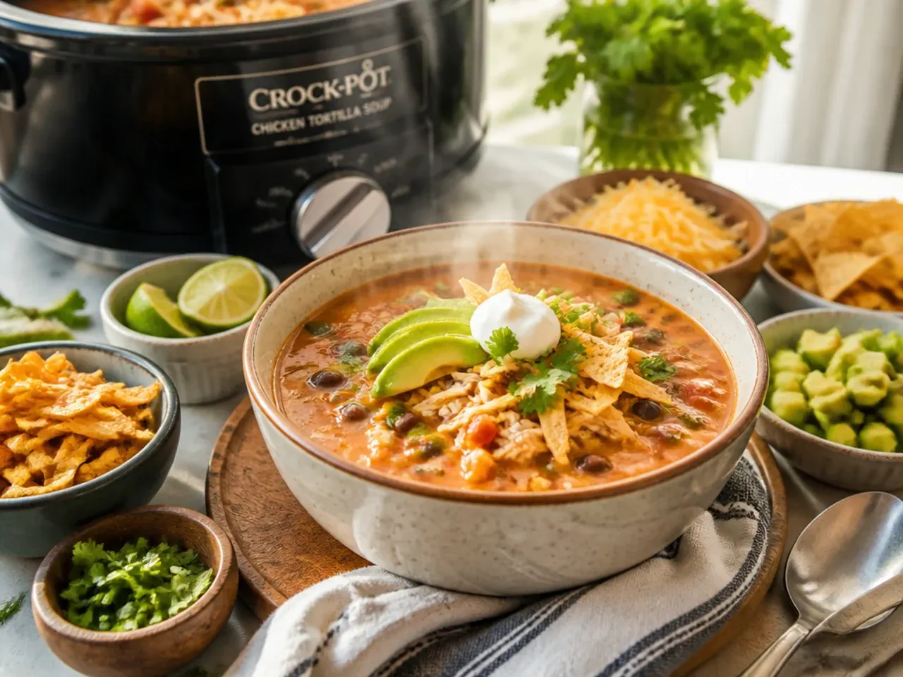 Table set with bowls of chicken tortilla soup, cornbread and a green salad